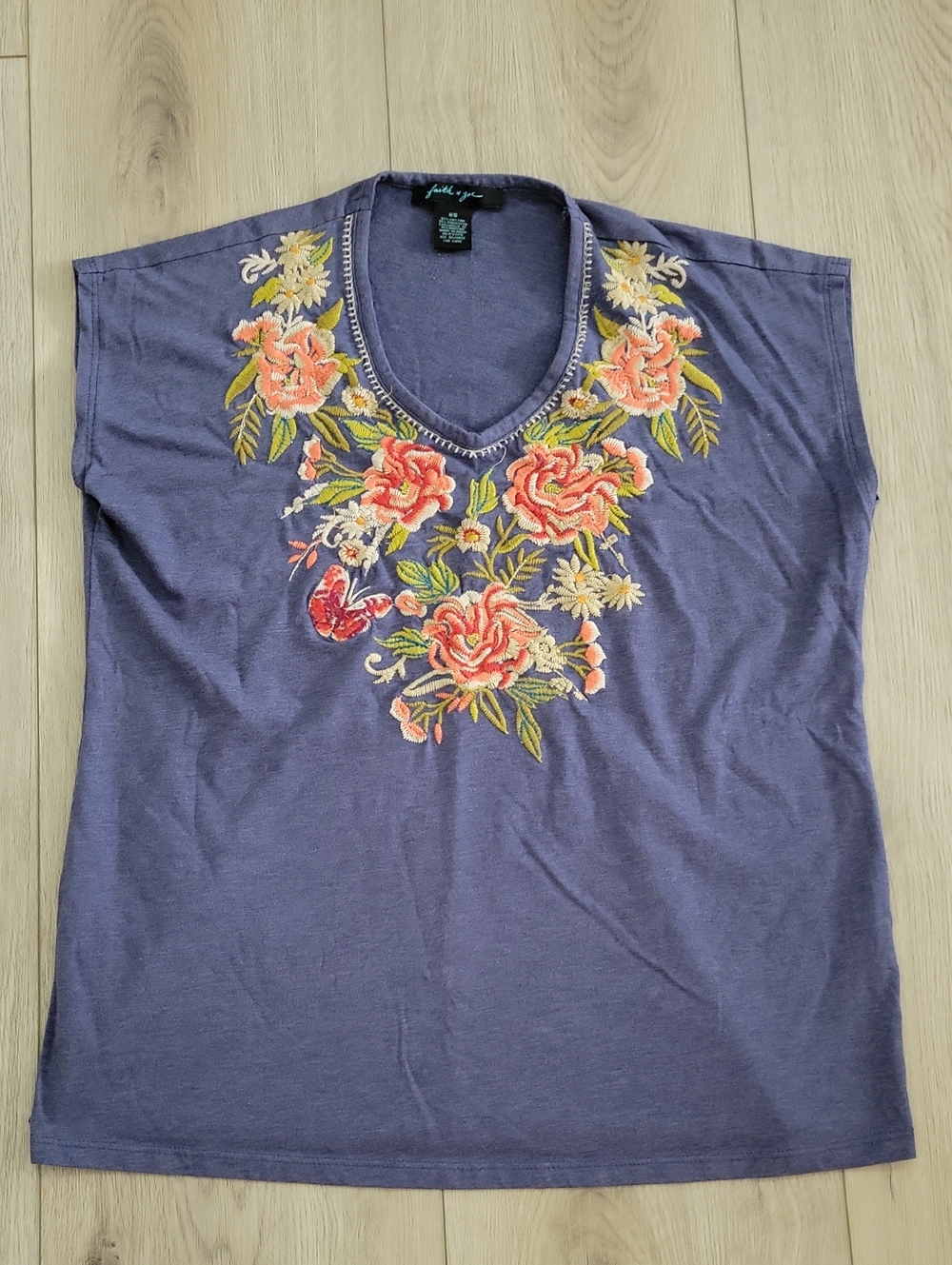 Faith and Joy Lavender V-Neck Tank with Coral Floral Embroidery